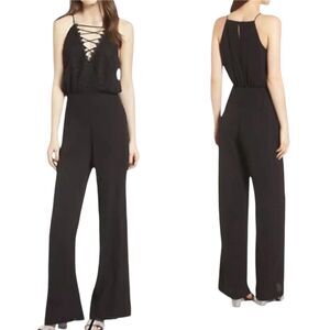 NWT WAYF Womens Jumpsuit Small Black Posie Lace Trim Spaghetti Strap Wide Leg